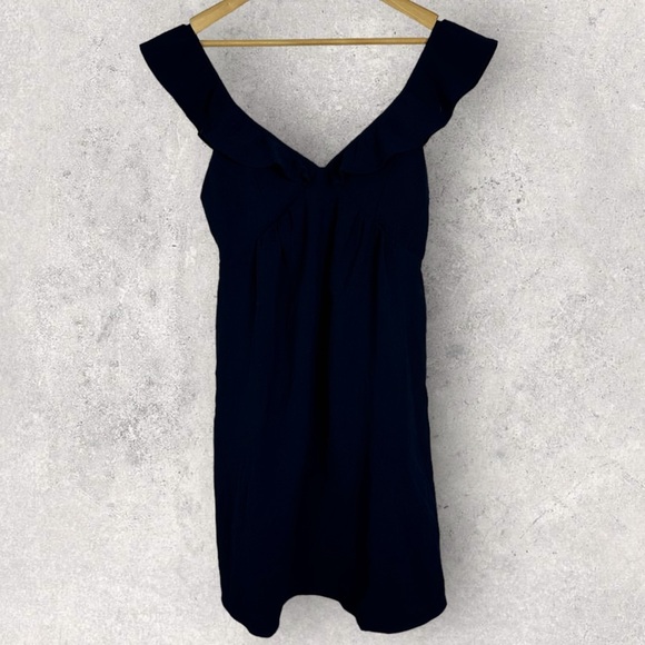 Sezane Olymea‎ Dress Navy Blue Size 36 French / US 4 V-Neck Ruffle Minimalist - Picture 13 of 14